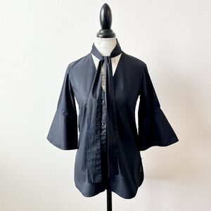 Palmer Harding Black Stretch Cotton V-neck Blouse Tie Neck Bell Sleeve Sz 0/2